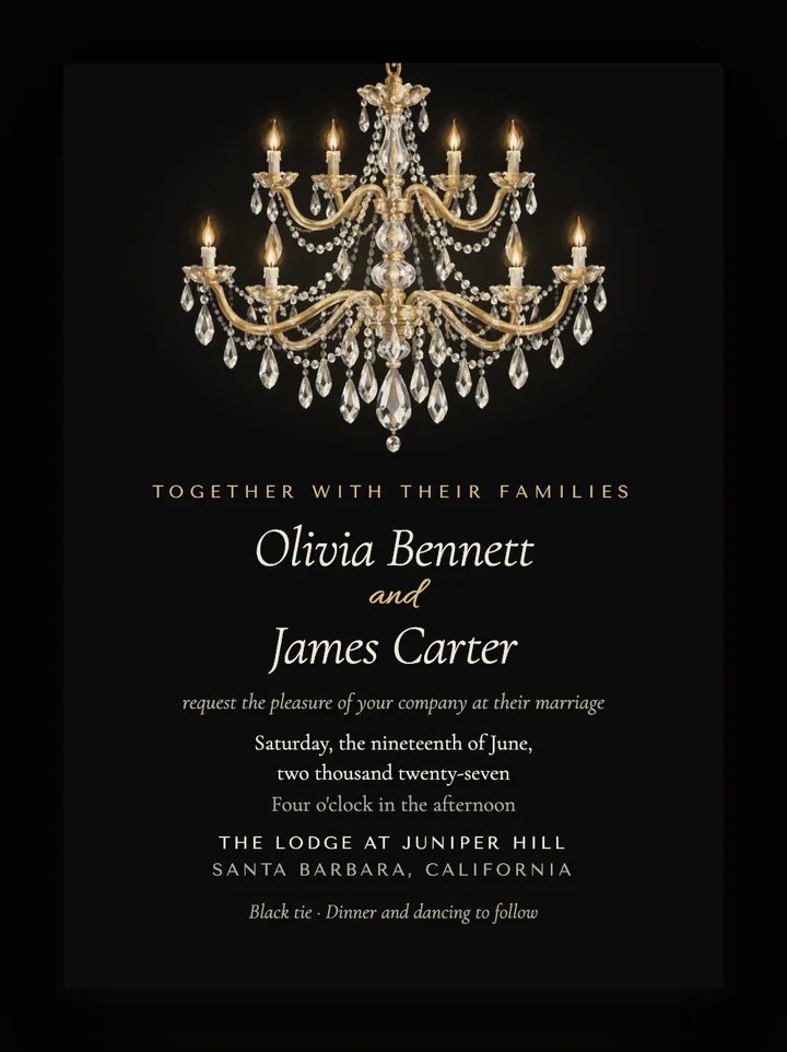 Chandelier digital wedding invitation in Black & Gold