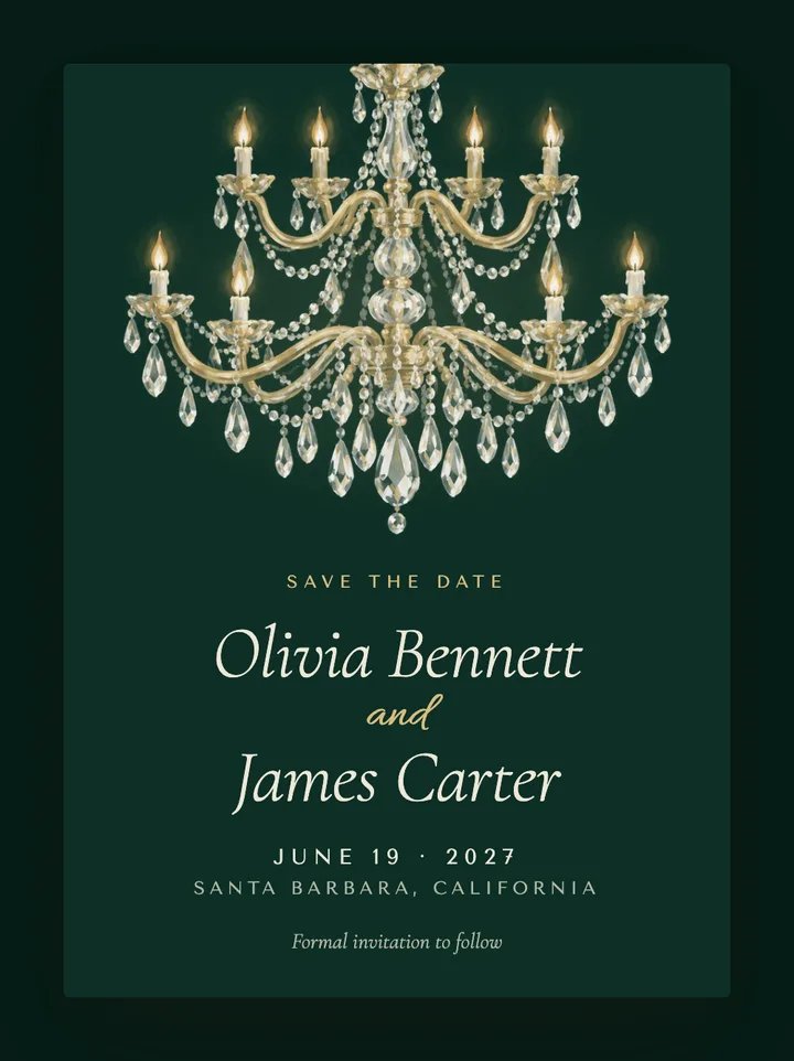 Chandelier digital save the date in Emerald