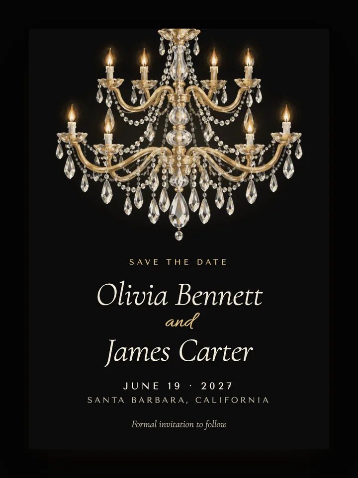 Chandelier digital save the date in Black & Gold