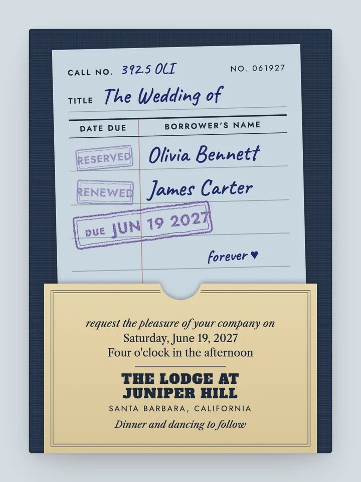 Checked Out digital wedding invitation in Dusty Blue