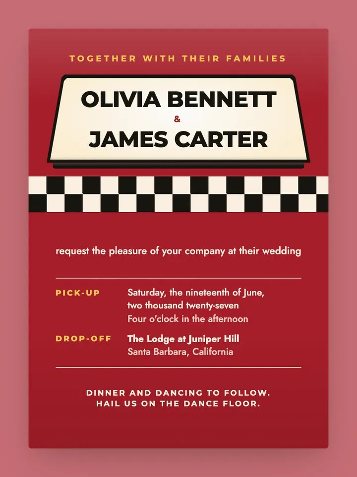 Checker digital wedding invitation in Cherry