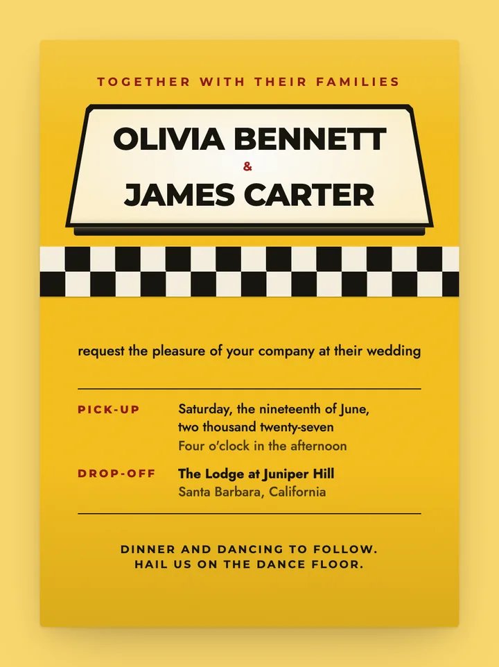 Checker digital wedding invitation in Taxi Yellow