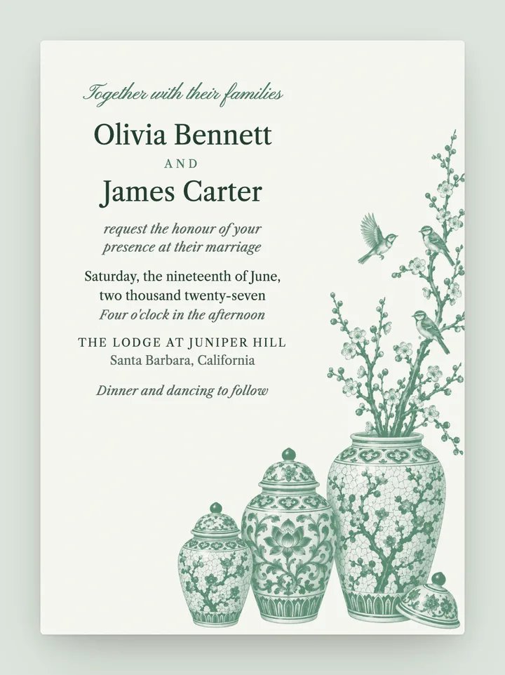 Chinoiserie digital wedding invitation in Celadon