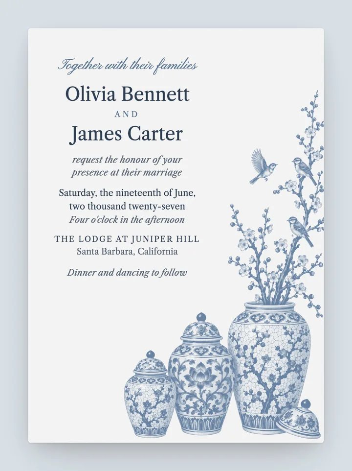 Chinoiserie digital wedding invitation in Dusty Blue