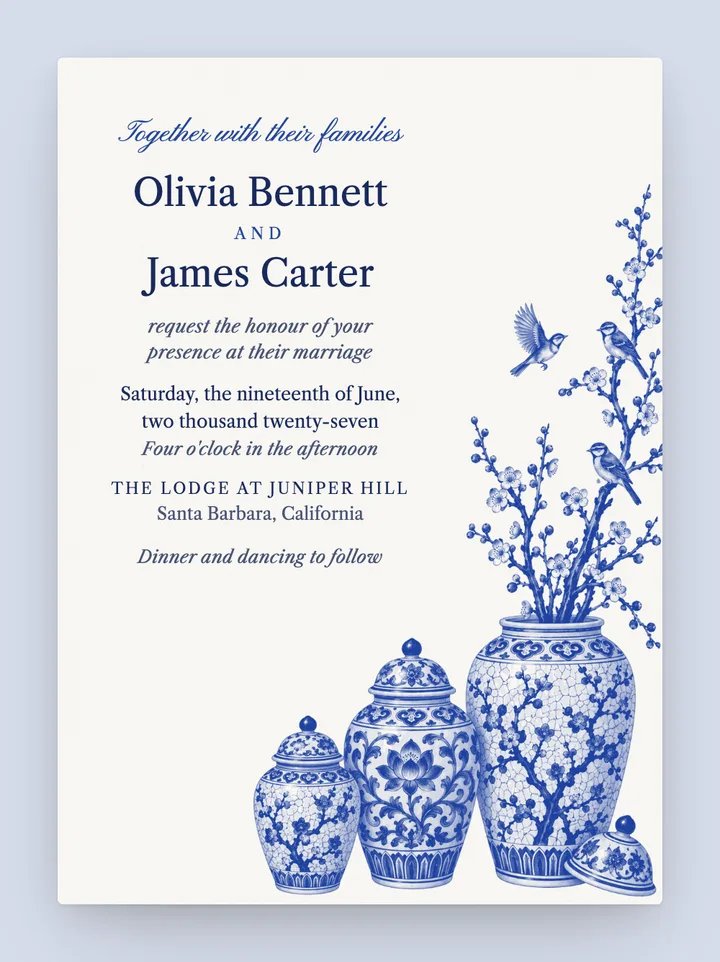 Chinoiserie digital wedding invitation in Cobalt