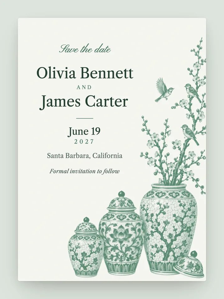 Chinoiserie digital save the date in Celadon