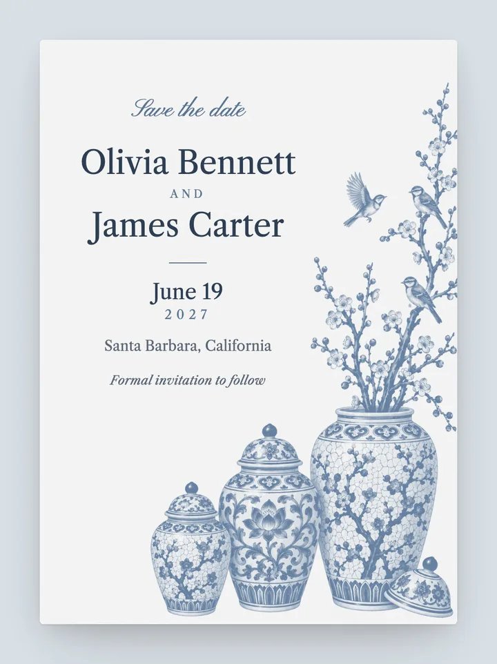 Chinoiserie digital save the date in Dusty Blue