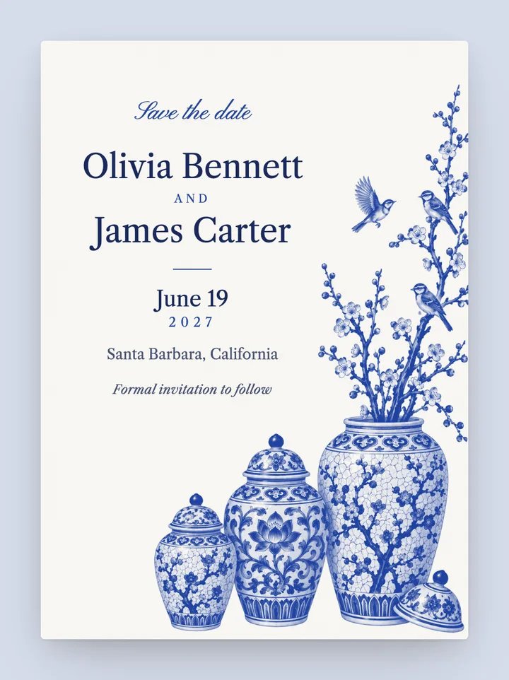 Chinoiserie digital save the date in Cobalt