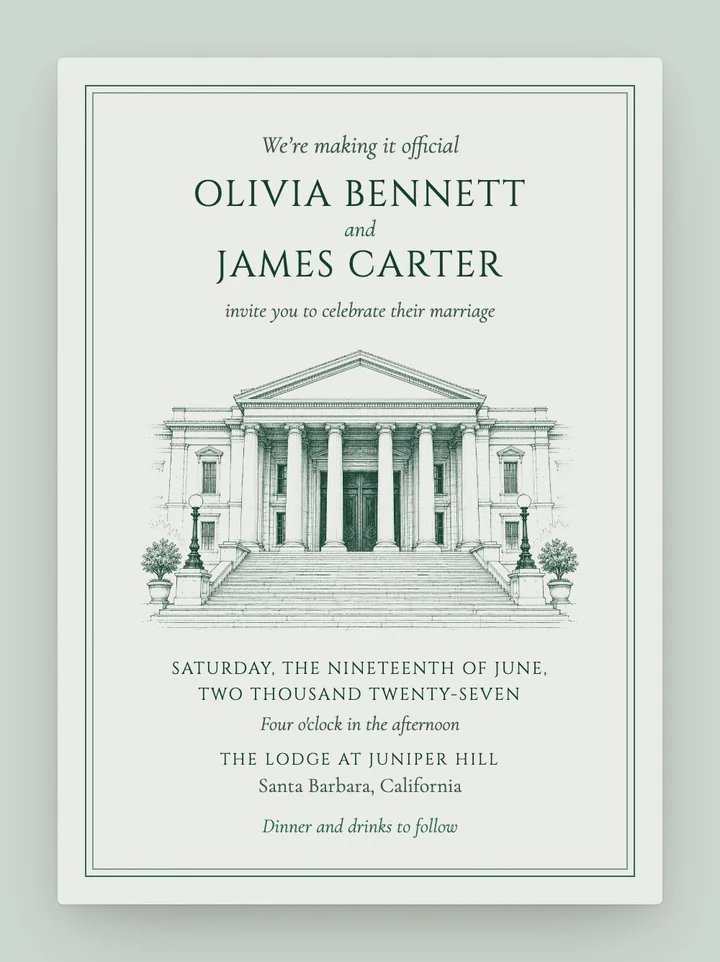 City Hall digital wedding invitation in Emerald