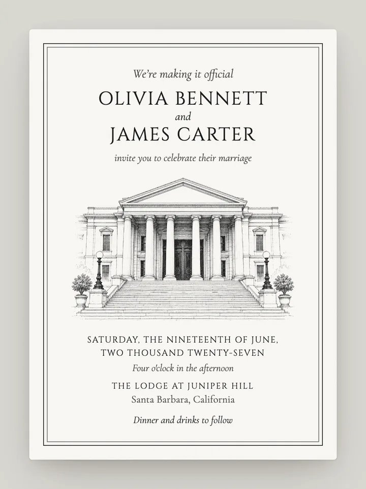 City Hall digital wedding invitation in Black & White