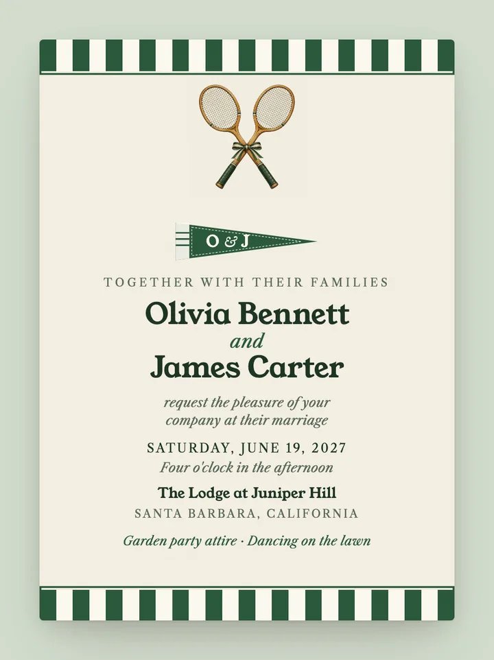 Clubhouse digital wedding invitation in Racquet Green