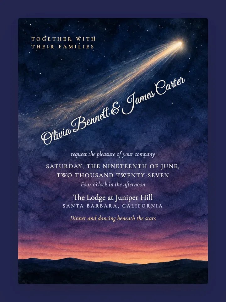 Comet digital wedding invitation in Dusk Navy