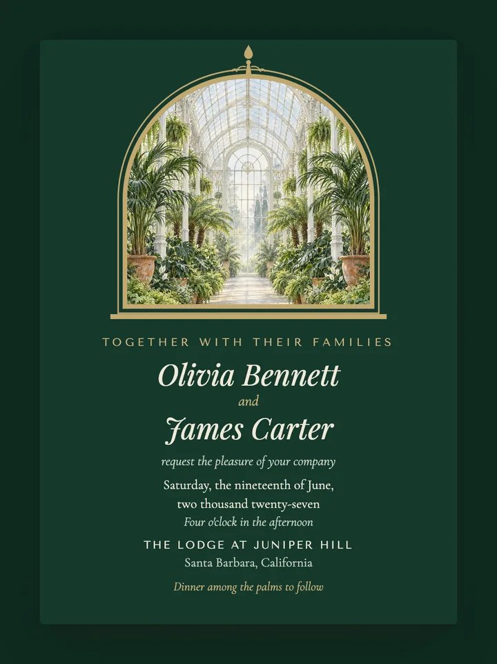 Conservatory digital wedding invitation in Emerald