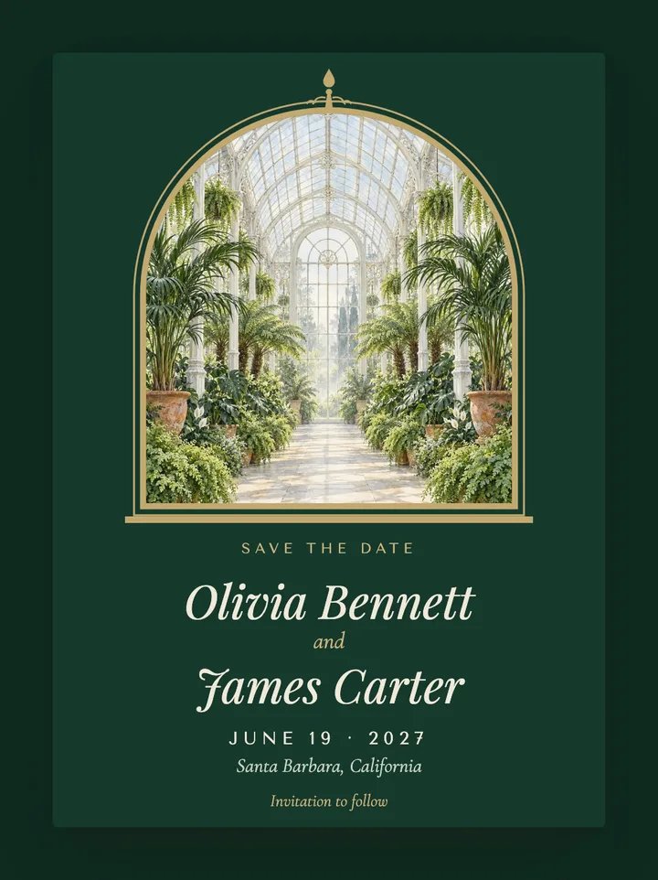 Conservatory digital save the date in Emerald