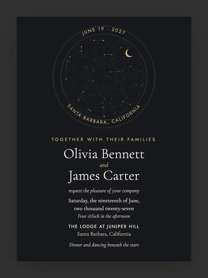Constellation digital wedding invitation in Ink & Gold