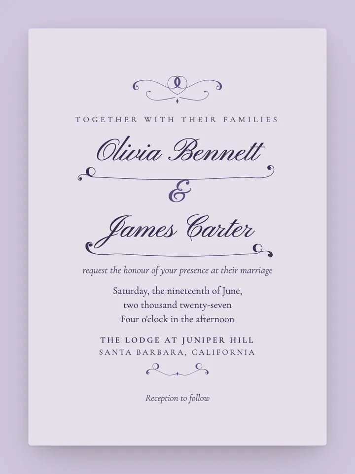Copperplate digital wedding invitation in Lavender