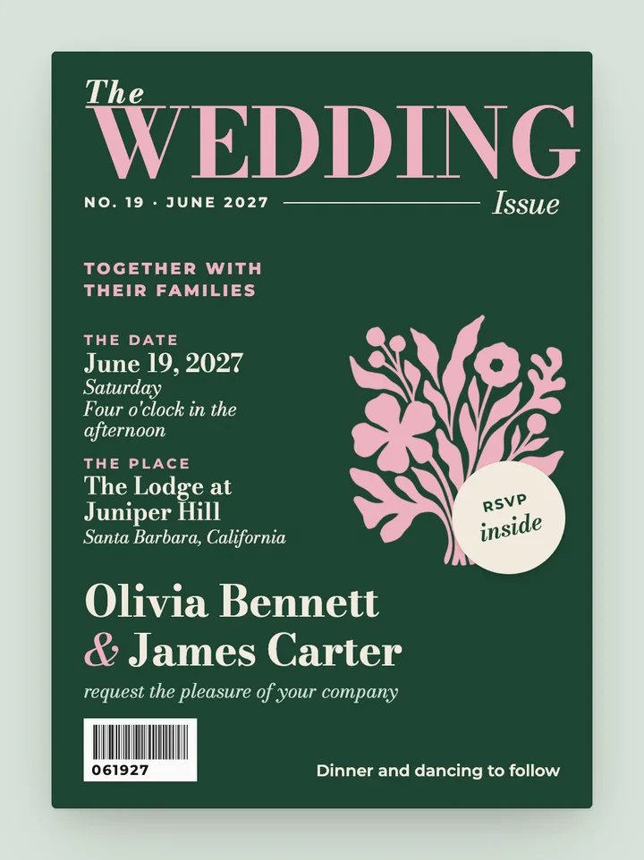 Cover Story digital wedding invitation in Forest Green