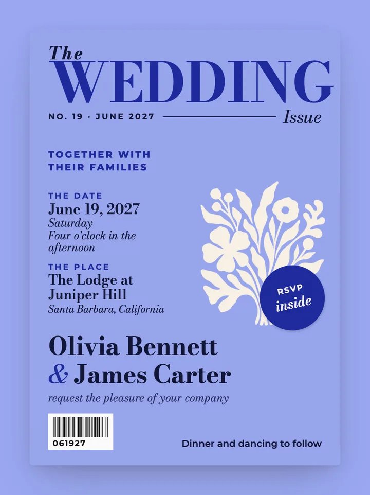 Cover Story digital wedding invitation in Periwinkle