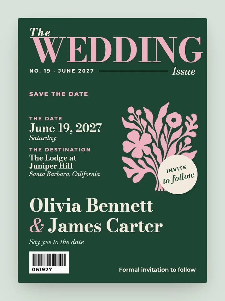 Cover Story digital save the date in Forest Green