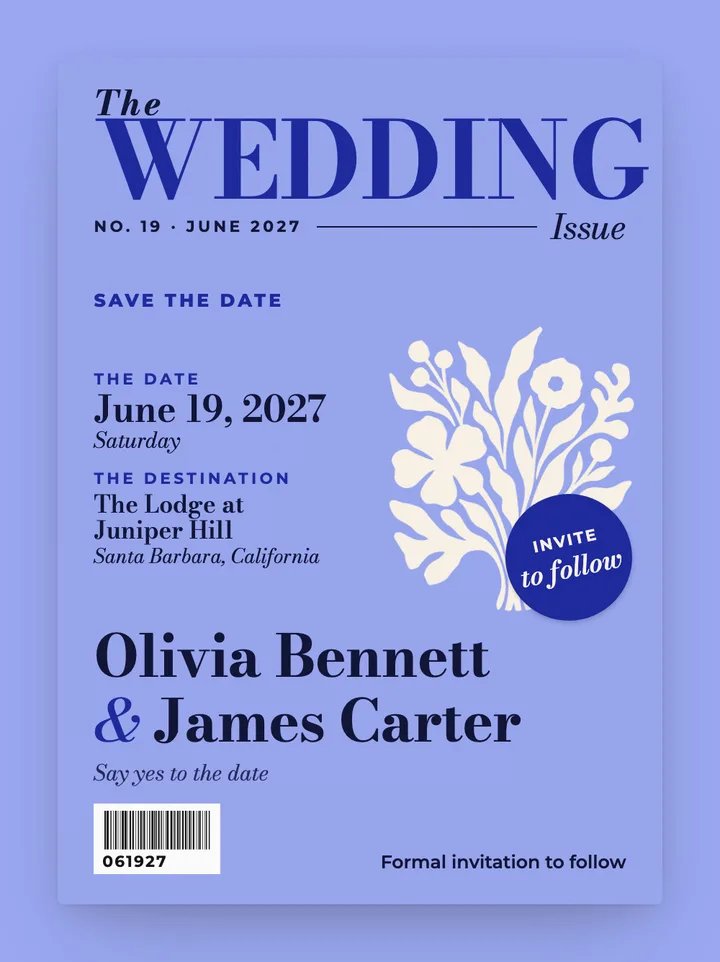Cover Story digital save the date in Periwinkle