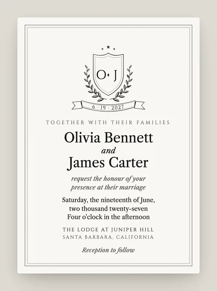 Crest digital wedding invitation in Black & White