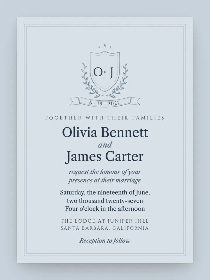 Crest digital wedding invitation in Dusty Blue & Silver