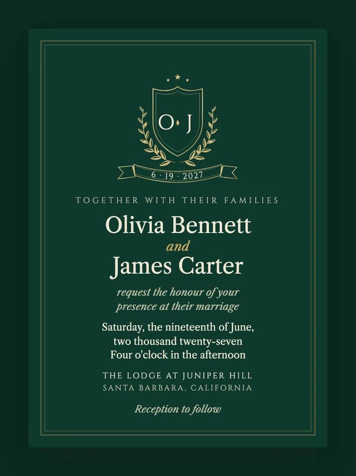 Crest digital wedding invitation in Emerald & Gold