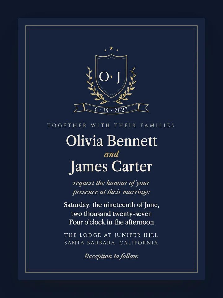 Crest digital wedding invitation in Navy & Gold