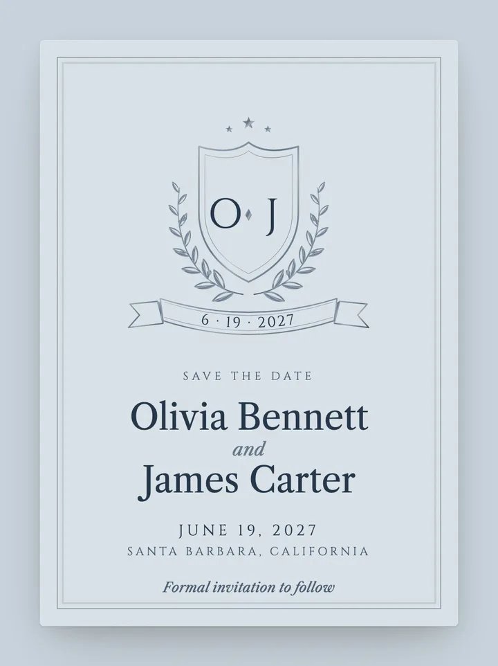 Crest digital save the date in Dusty Blue & Silver
