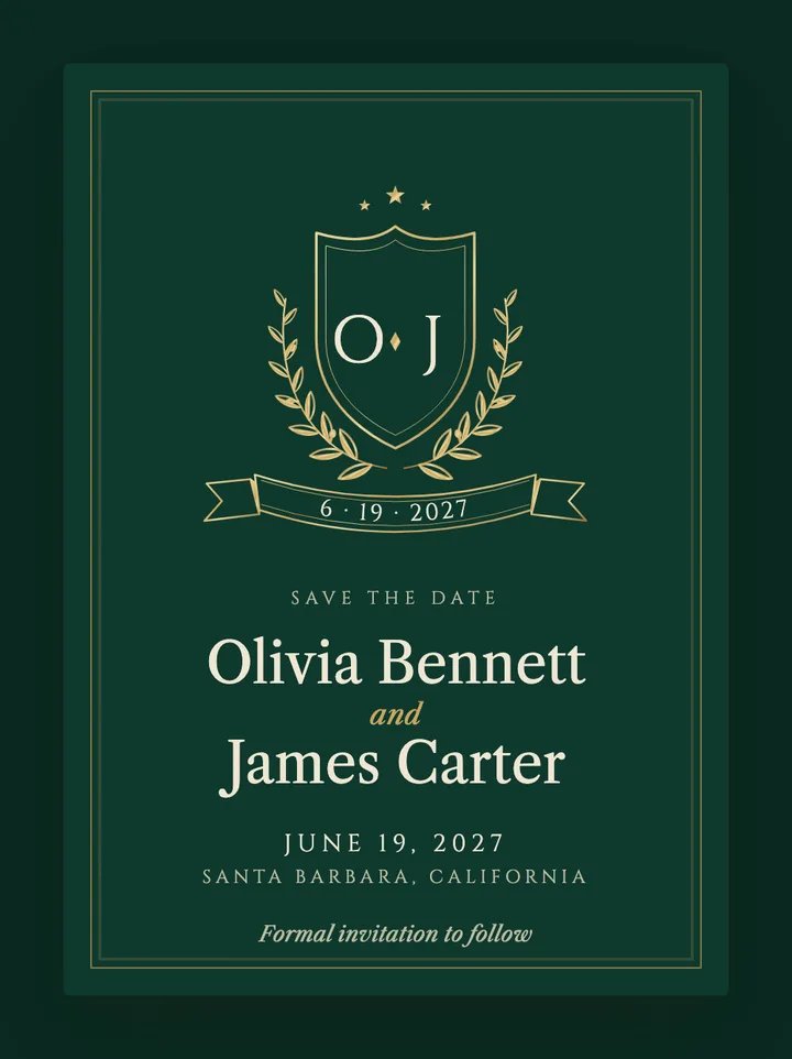 Crest digital save the date in Emerald & Gold