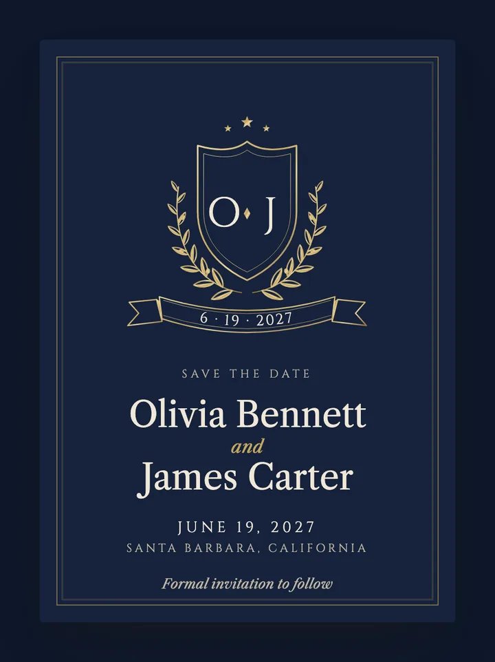 Crest digital save the date in Navy & Gold
