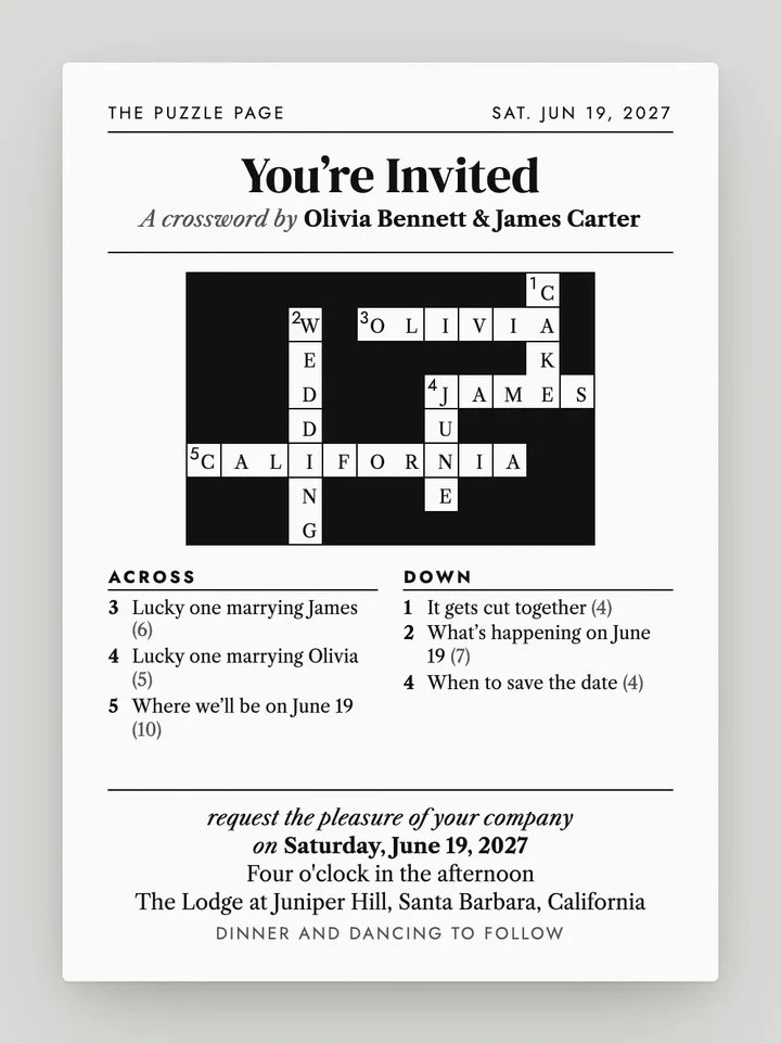 Crossword digital wedding invitation in Black & White