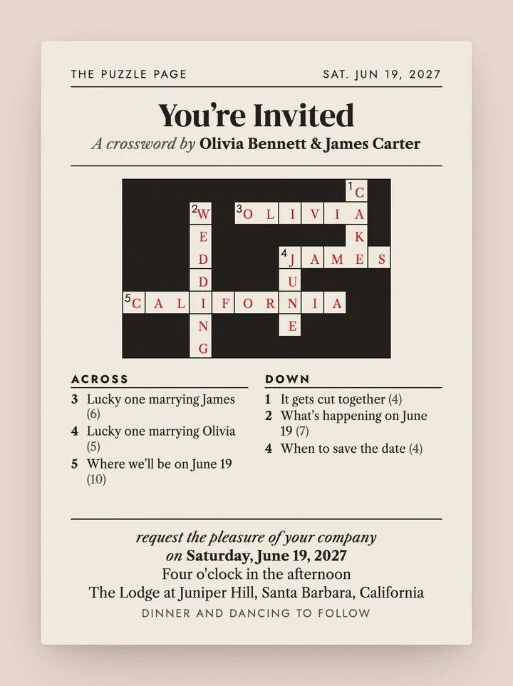 Crossword digital wedding invitation in Red Ink