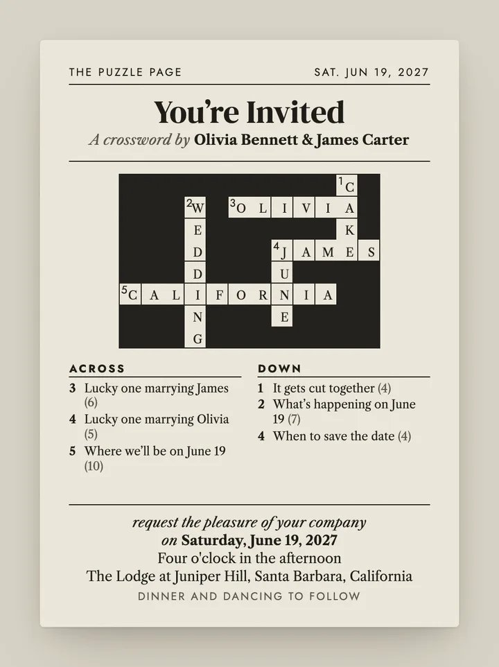 Crossword digital wedding invitation in Newsprint