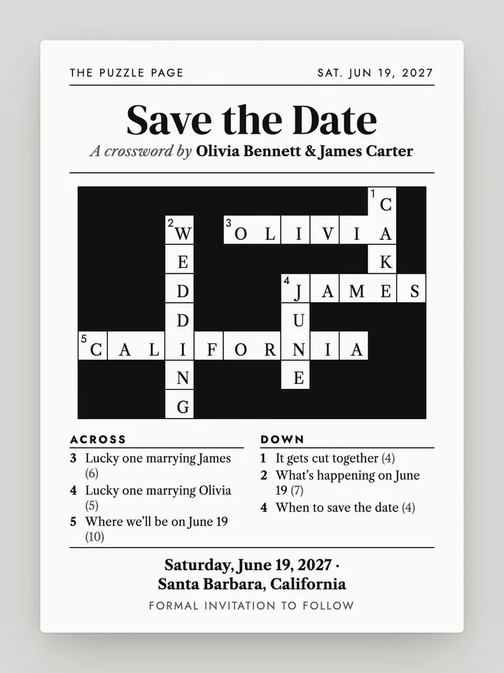 Crossword digital save the date in Black & White