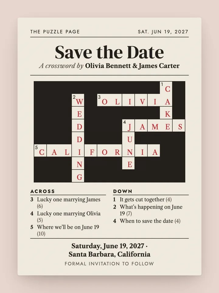 Crossword digital save the date in Red Ink