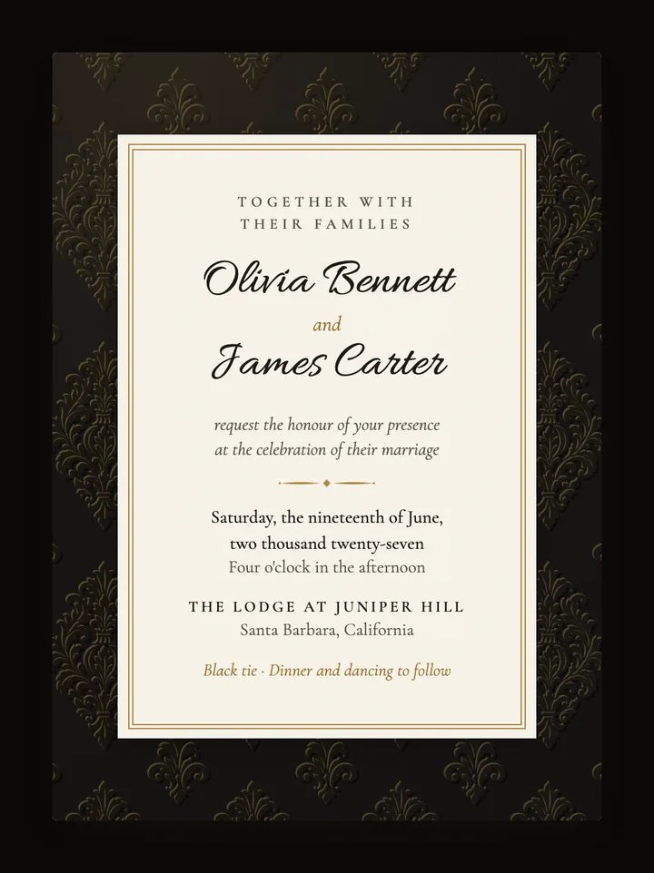 Damask digital wedding invitation in Black & Gold