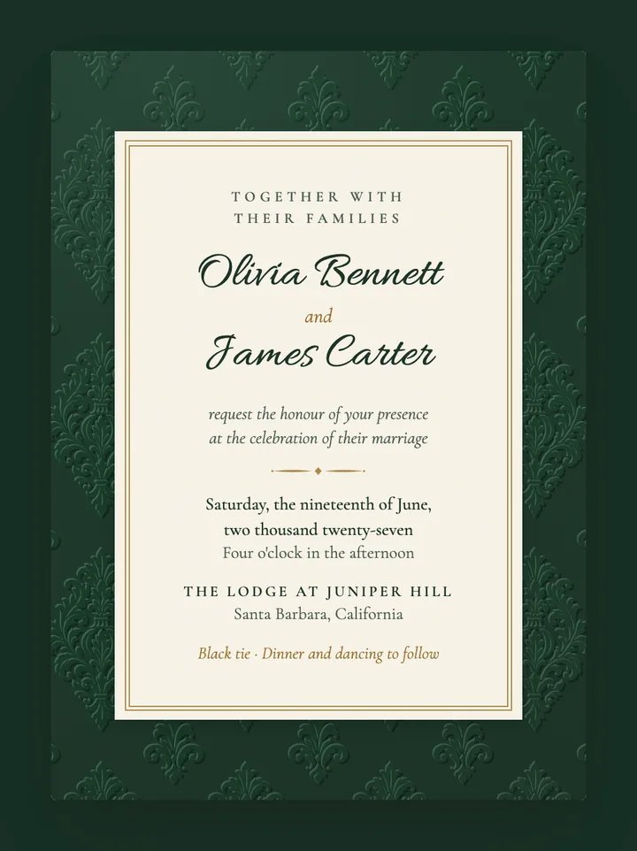 Damask digital wedding invitation in Forest Green
