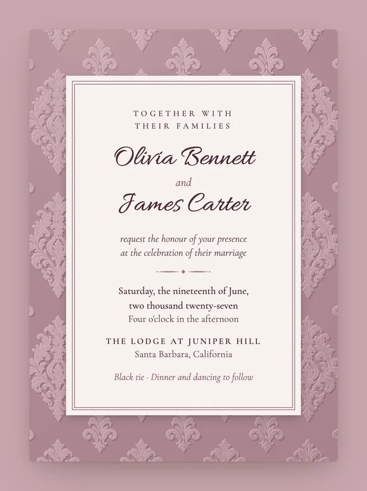 Damask digital wedding invitation in Mauve