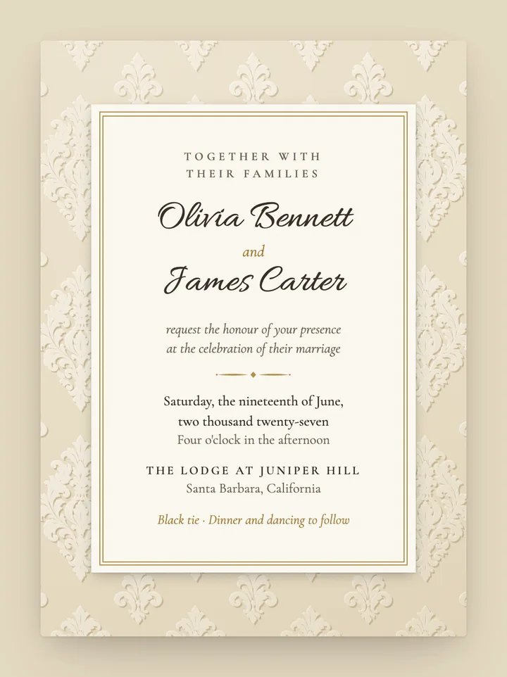 Damask digital wedding invitation in Ivory & Gold