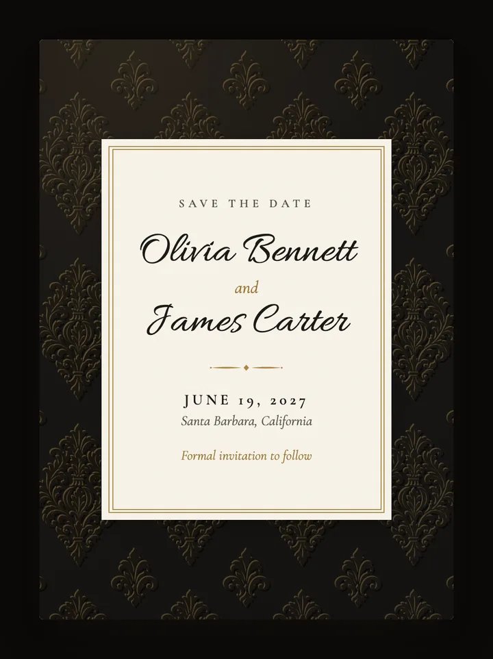 Damask digital save the date in Black & Gold