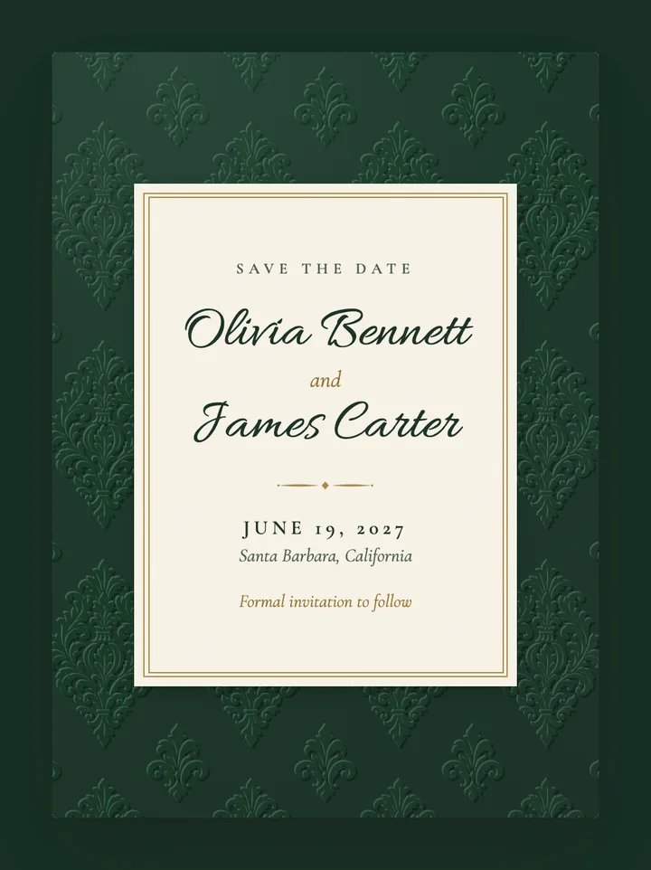 Damask digital save the date in Forest Green