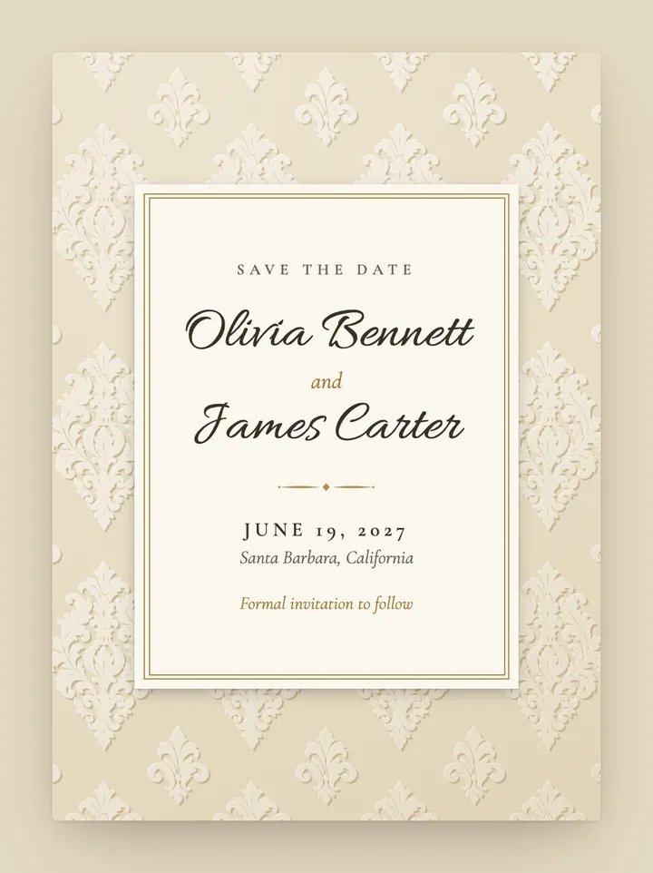 Damask digital save the date in Ivory & Gold