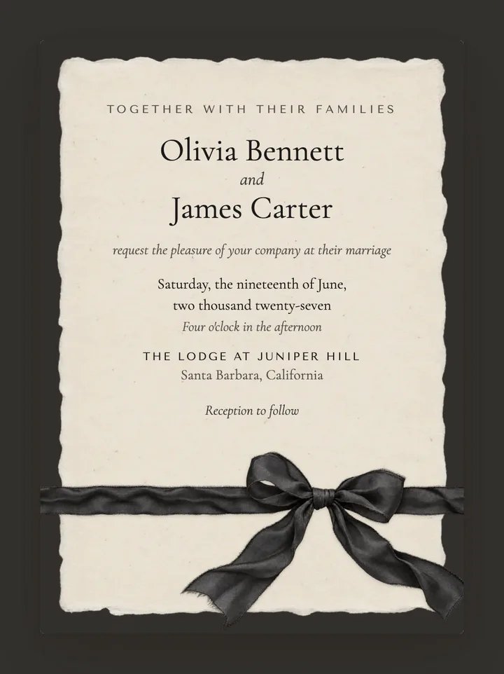 Deckle digital wedding invitation in Black Ribbon