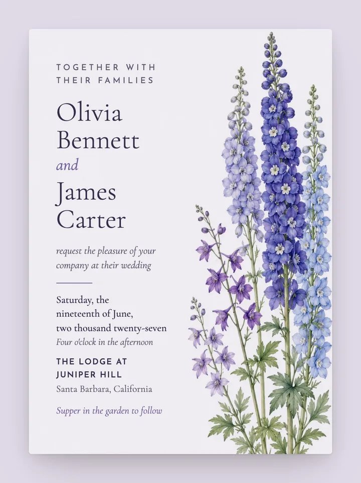 Delphinium digital wedding invitation in Lavender