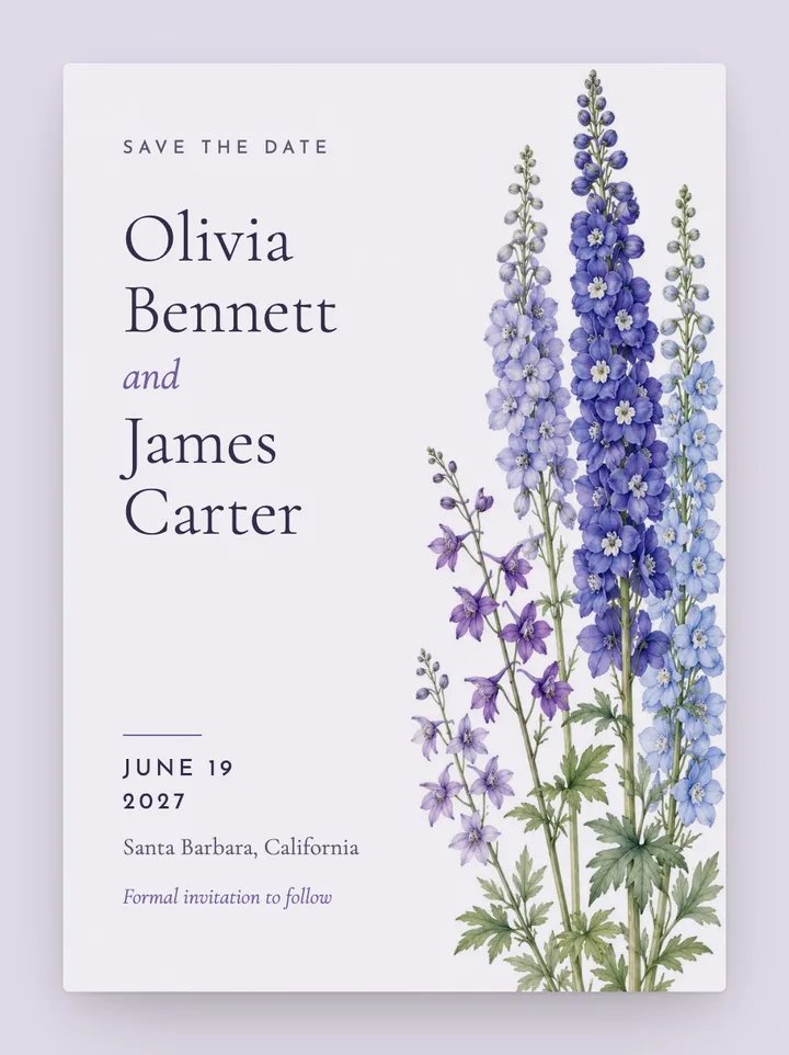 Delphinium digital save the date in Lavender