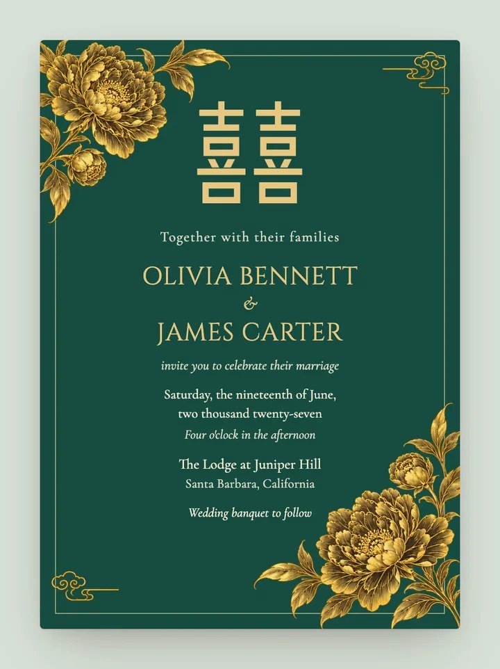 Double Happiness digital wedding invitation in Jade & Gold