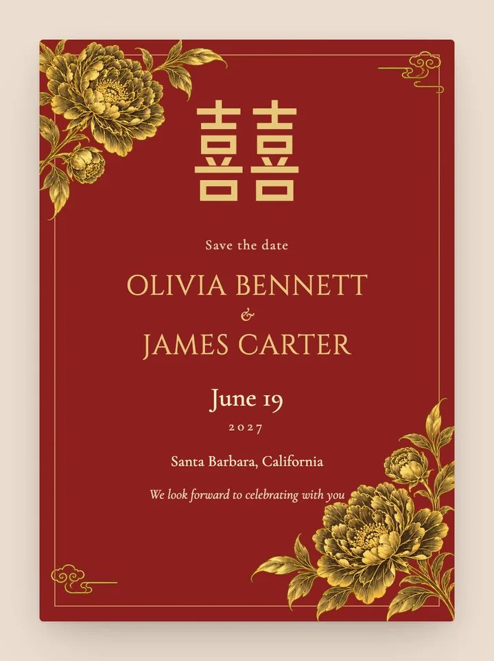 Double Happiness digital save the date in Cinnabar