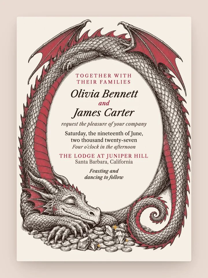 Dragon digital wedding invitation in Cherry Red