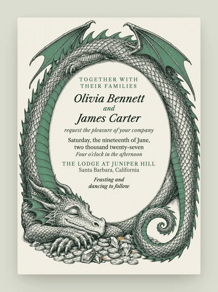 Dragon digital wedding invitation in Forest Green